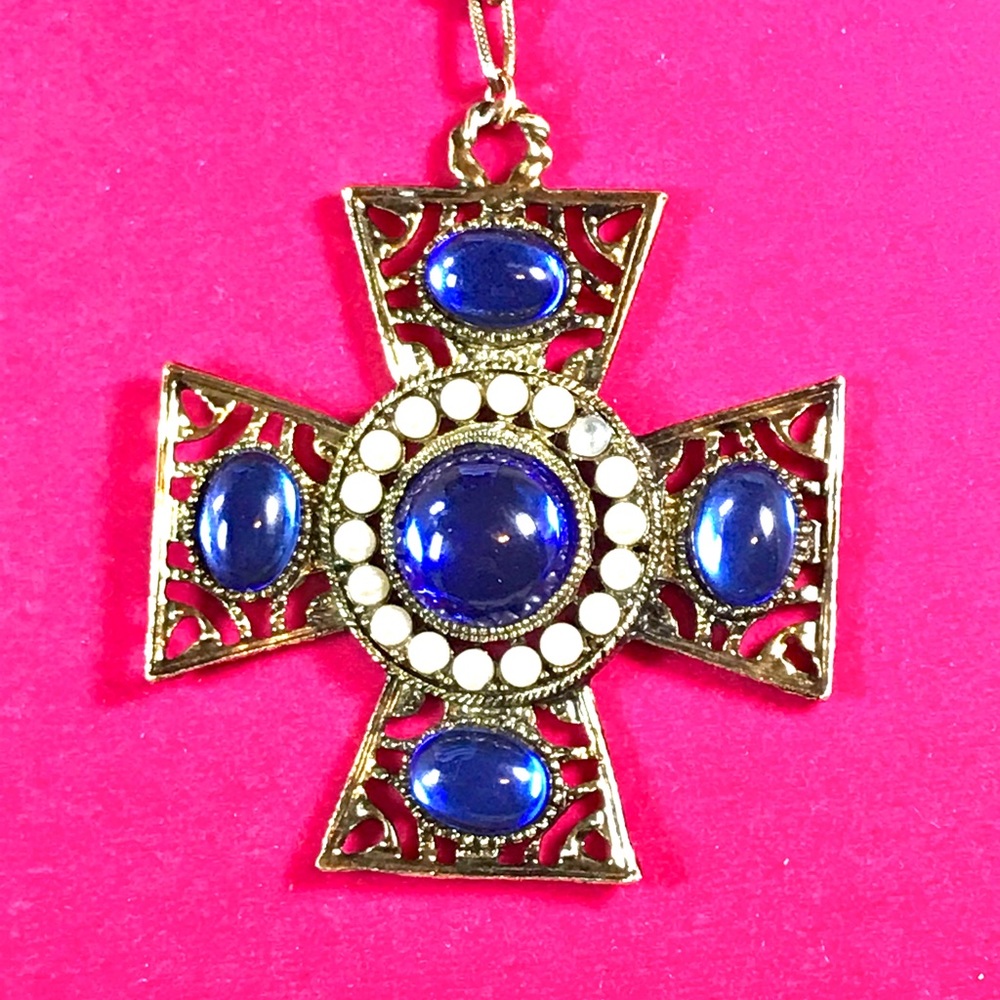 Boho Blue Sapphire and Pearl Cross Necklace
